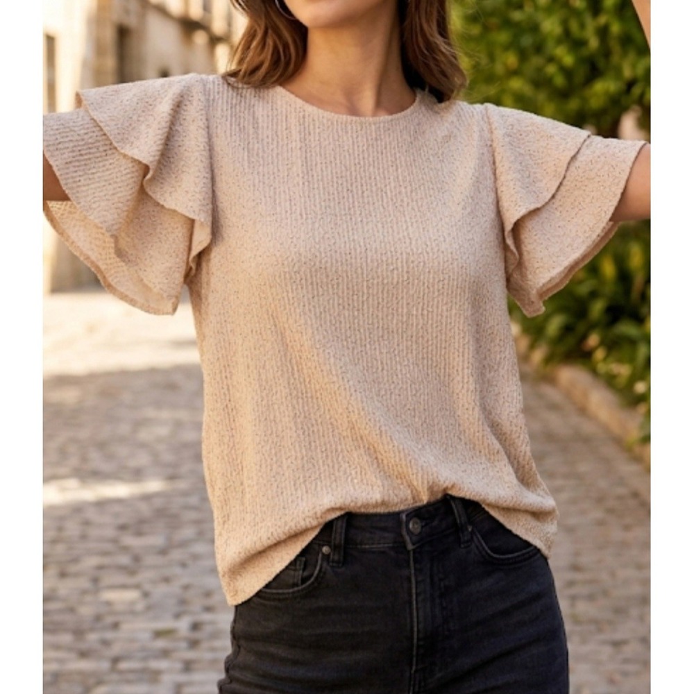 NWT Adrianna Papell Blouse, Pleated Knit Double Sleeve Top MediumBeige And Black